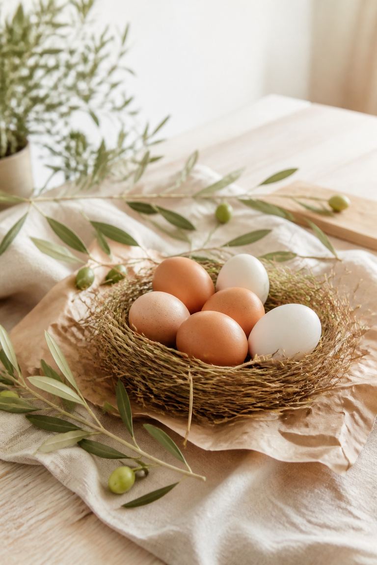 Huevos frescos en un nido con hojas de olivo, lino y papel kraft